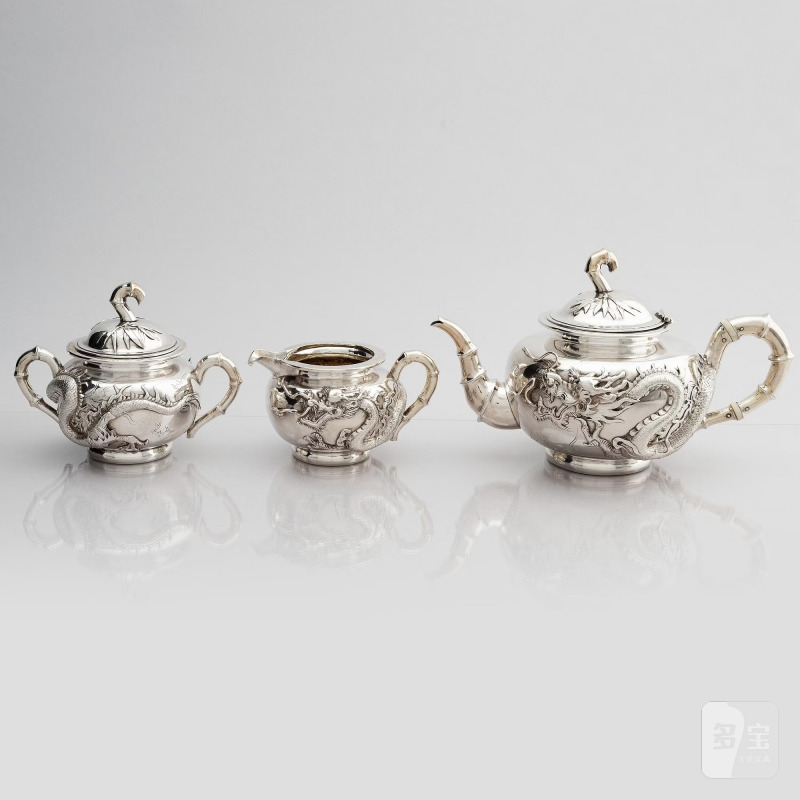 A Chinese five piece export silver tea set, - 图9
